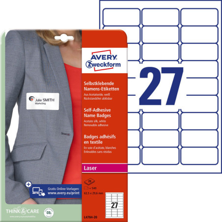 IDENTYFIKATORY SAMOPRZYLEPNE AVERY A4 63.5x29.6mm BIAŁE (27x20)