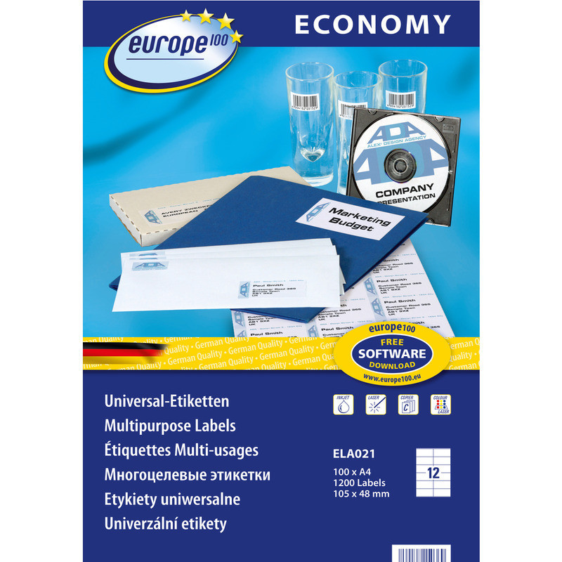 Etykiety Europe100 A4 105x48mm białe (100)