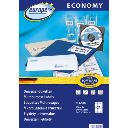Etykiety Europe100 A4 64.6x33.8mm białe (100)