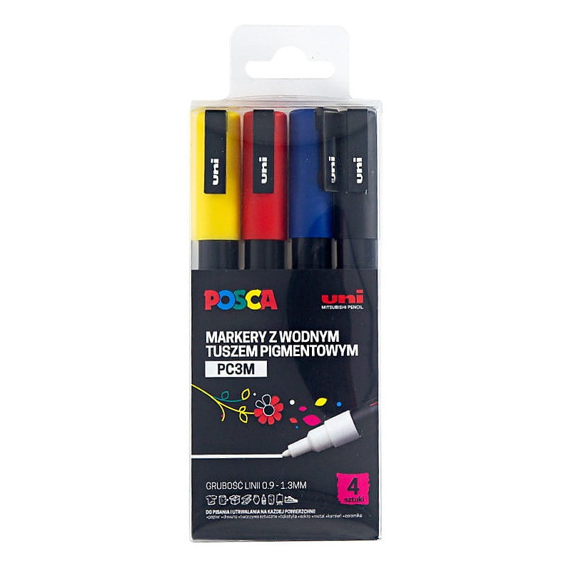 Markery z farbą plakatową Uni POSCA PC-3M 4 kolory