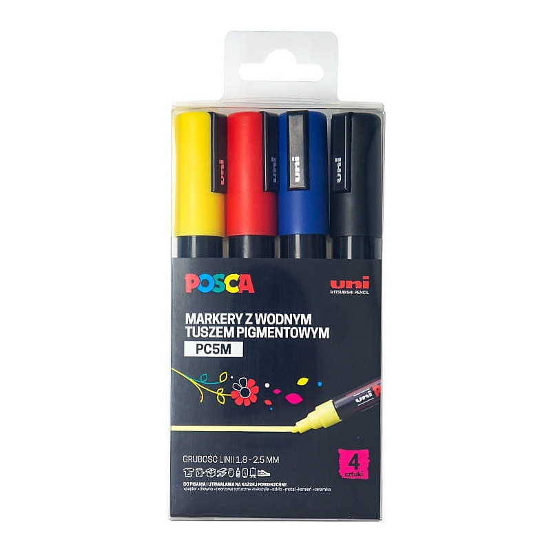 Markery z farbą plakatową Uni POSCA PC-5M 4 kolory