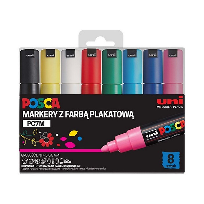 Markery z farbą plakatową Uni POSCA PC-7M 8 koloró